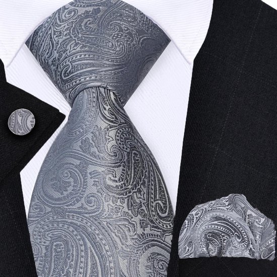 Cravate Sorprese avec pochette de costume et Boutons de manchette - Paisley Argent - 8cm - 100% Soie - Pochette