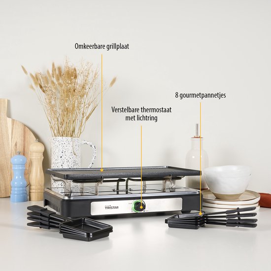 Tristar raclette grill met omkeerbare grillplaat, 8 pannetjes en verstelbare thermostaat met verlichting.