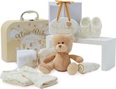 Geschenkmand voor babyfeestjes - met fleece, handdoek met capuchon, babykleding, 2 gaasdoeken en schattige bruine teddybeer