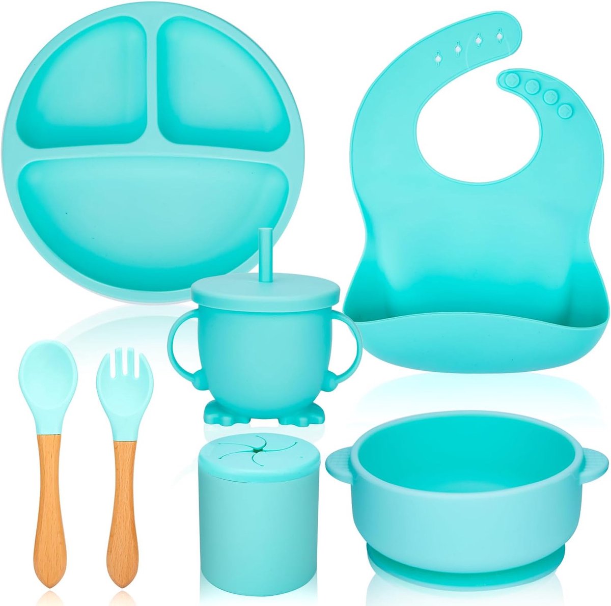 Goedkoopste Kinderbord met zuignap, 7-delig, baby-kinderservies, bordenset, siliconen babybord, kom, slabbetje, lepel, vorkdeksel, BPA-vrij, antislip babybordenset voor peuters, kinderen