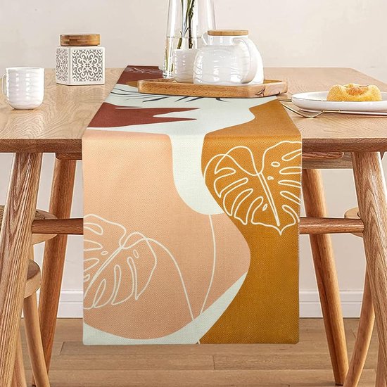 Tafelloper Abstract Boho blad linnen tafelloper Mid Century Modern Minimalistische Kunst Tafeldecoratie Geel Bruin Decor Vintage 33 x 183 cm tafelloper