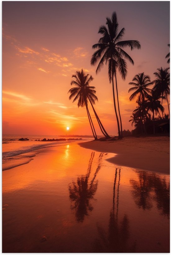 Poster (Mat) - Palmbomen - Bomen - Zee - Strand - Zand - Zon - Zonsondergang - 50x75 cm Foto op Posterpapier met een Matte look