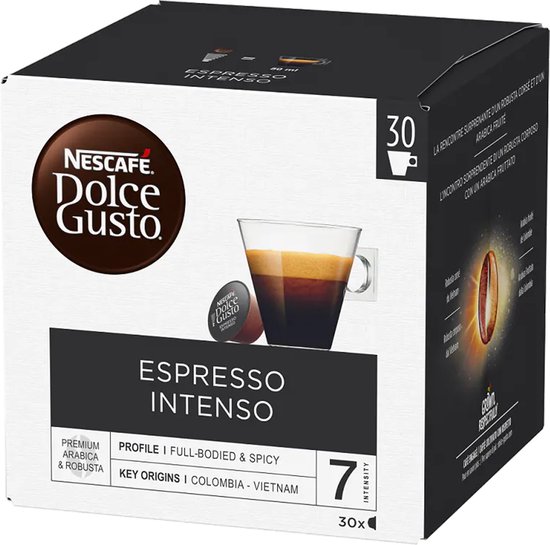 Doos Dolce Gusto Espresso Intenso met 30 capsules. Een glas espresso met schuimkraag.