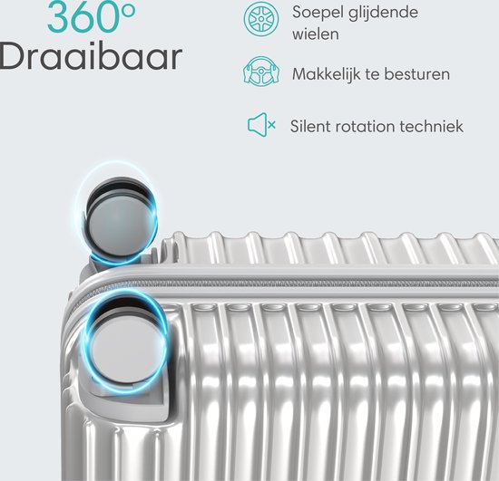 Zilveren koffer met 360° draaibare, soepel glijdende en stille spinner wielen.