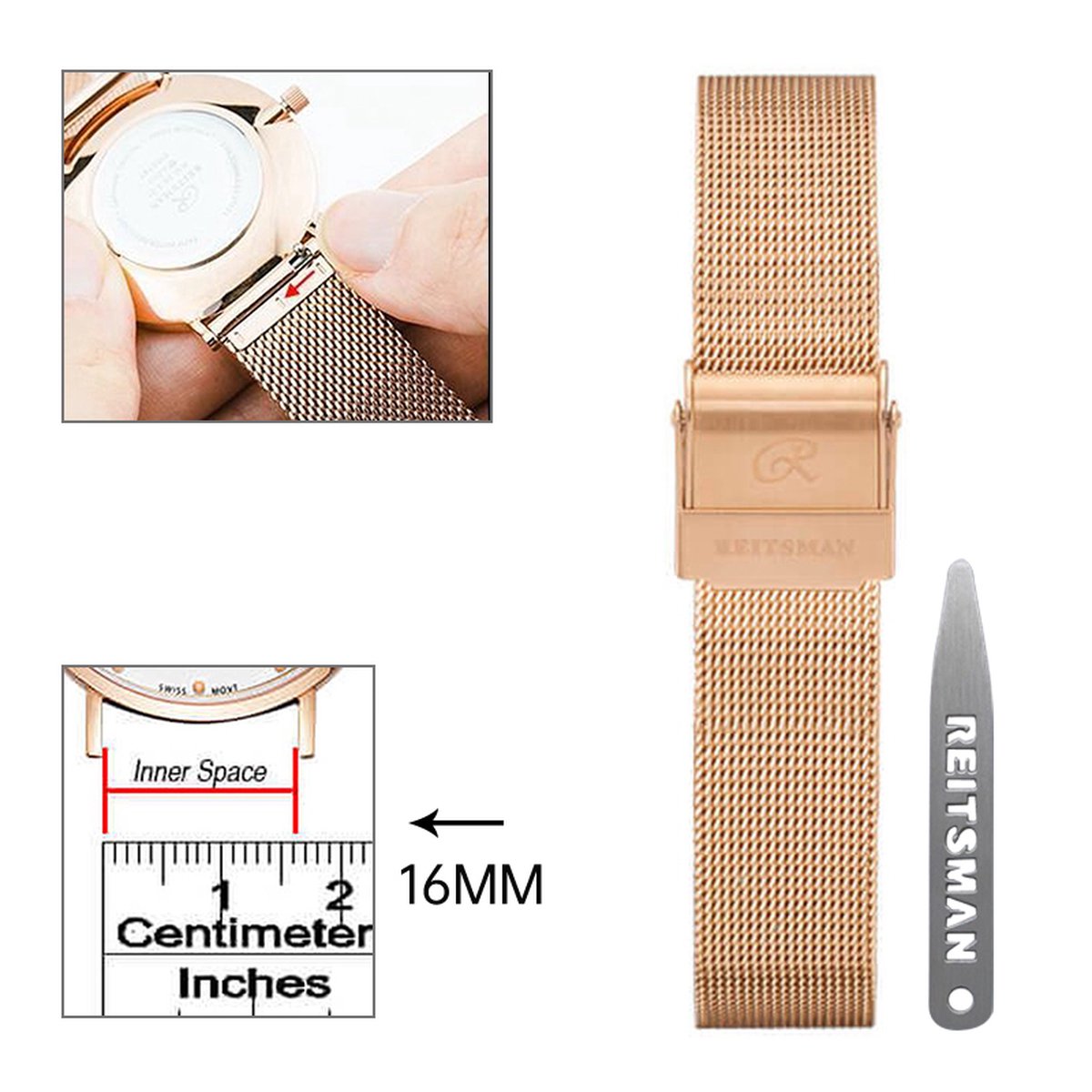 16mm Universele mesh horlogeband strap in roségoud - Quick Release - Past op Alle Merken met 16mm Aanzetmaat