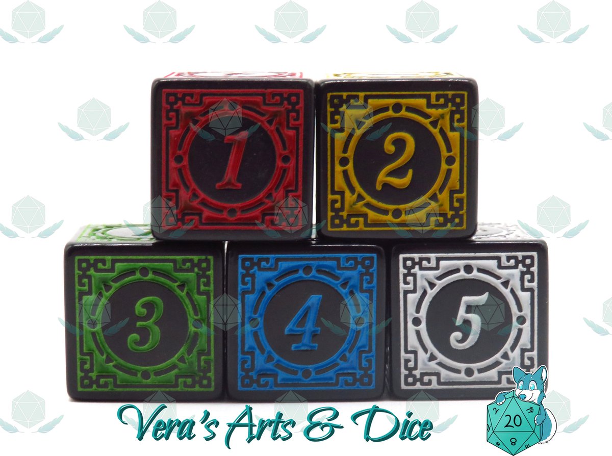 5D6s Ancient Rainbow | Polyset Dice | Dobbelstenen - Set Van 5 Stuks - Zwart met Rood, Geel, Groen, Blauw, en Wit Ornamenten en Cijfers | D&D en Rollenspellen | Plastic Dobbelstenen Set voor Dungeons and Dragons | Dice Set | Zwarte Velvet Dice Bag