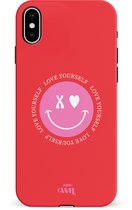 xoxo Wildhearts Love Yourself Red - Double Layer - Rood hoesje geschikt voor Apple iPhone X / Xs - Hoesje met smiley emoji - Hardcase case geschikt voor iPhone 10 / Xs - Smiley case - rood