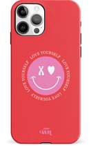 xoxo Wildhearts Love Yourself Red - Double Layer - Rood hoesje geschikt voor Apple iPhone 12 Pro - Hoesje met smiley emoji - Hardcase case geschikt voor iPhone 12 Pro - Smiley case - rood