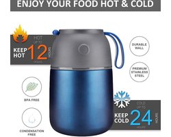 Thermocontainer voor voedsel, 500 ml, roestvrij staal, voor warme gerechten, eten, babyvoeding, soep, isolatiecontainer met lepel, thermovat, blauw