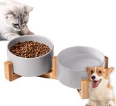 Katten voerbak en hondenbak met bamboestandaard, hondenbak keramiek/katten, keramiek, modern gewogen voederwater, geschikt voor katten en honden, 400 ml, grijs + grijs