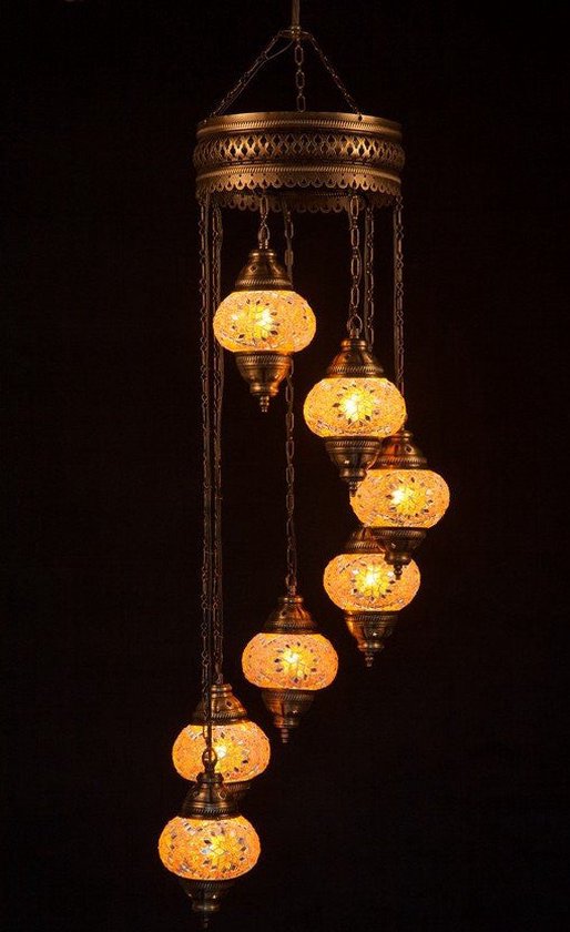 Turkse Lamp Hanglamp Mozaïek Marokkaanse Oosters Lamp Handgemaakt Kroonluchter oranje 7 bollen