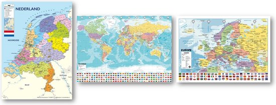 Wereldkaart poster - Nederland kaart poster - Europa kaart poster - Set van drie verschillende schoolkaarten - Formaat 70 x 100 cm