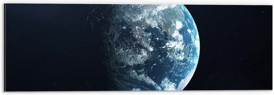 Dibond - Planeet - Aarde - Sterren - 60x20 cm Foto op Aluminium (Met Ophangsysteem)