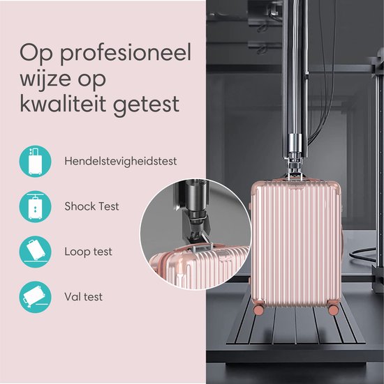Rosé gouden koffer wordt getest op hendelstevigheid, shock, loop en val.