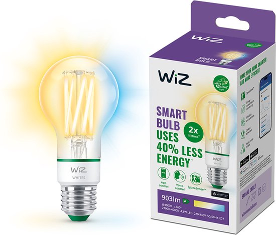 WiZ Filament transparent 60 W A60 E27, Ampoule intelligente, Wi-Fi/Bluetooth, Transparent, E27, A60, Variable