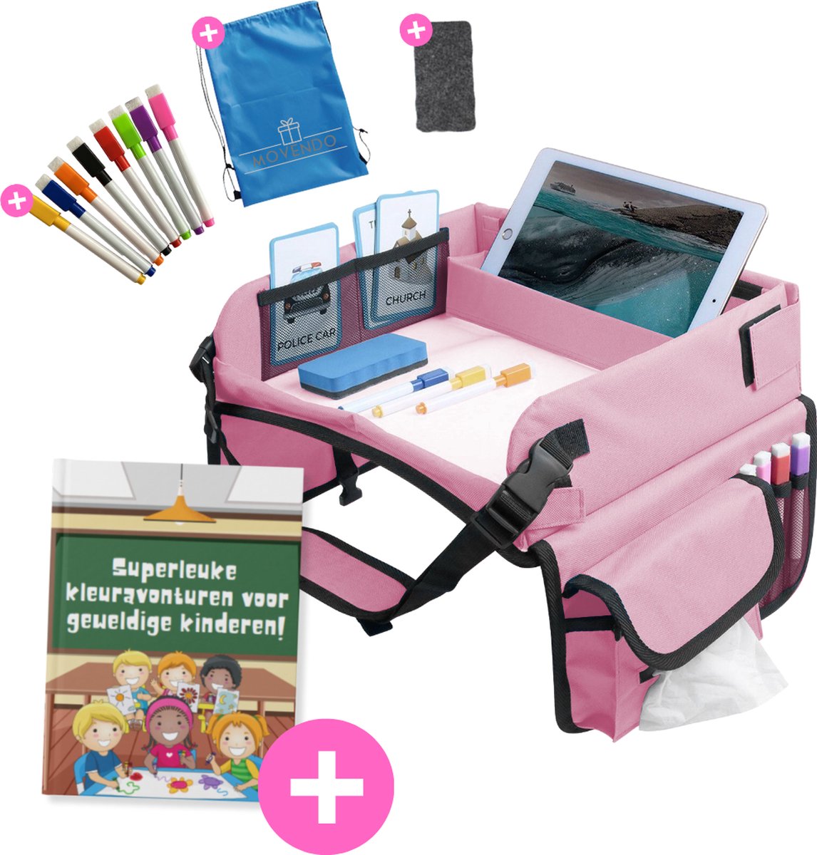 MOVENDO Tablethouder - Reistafel voor Kinderen – Autotafel – Speeltafel Auto – Auto organizer Kinderen - Tekentafel Auto – Opvouwbare Reistafel - Roze