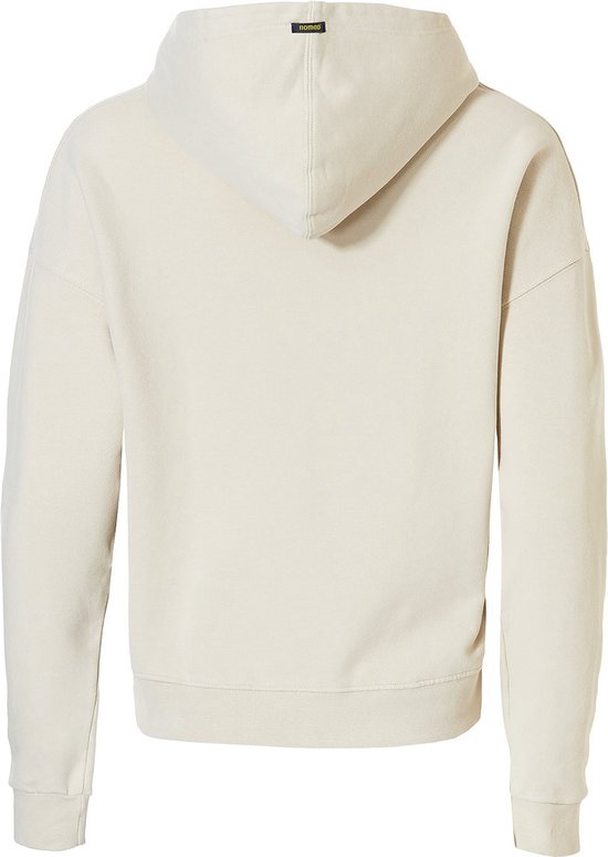 Crème hoodie van achteren gezien met een capuchon en een NOMAD label.