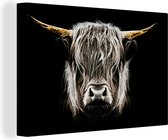 Canvas Schilderij Schotse hooglander - Goud - Hoorns - Zwart wit - Koe - Dieren - 30x20 cm - Wanddecoratie