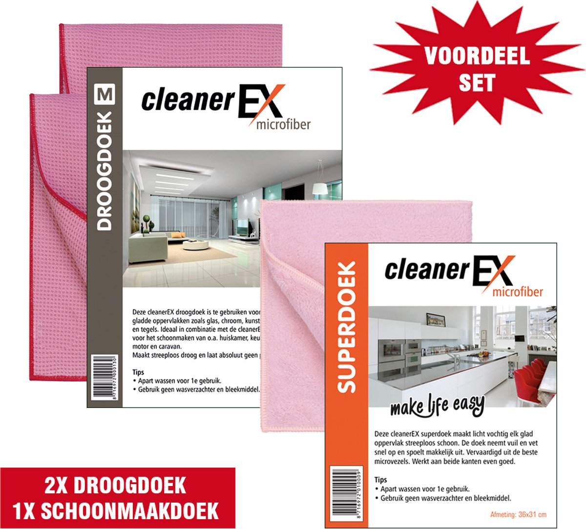 Goedkoopste Cleaner Ex Voordeelset-Microvezel Raamdoeken-2x Droogdoek (61x46) 1x Schoonmaakdoek(36x31)-Roze