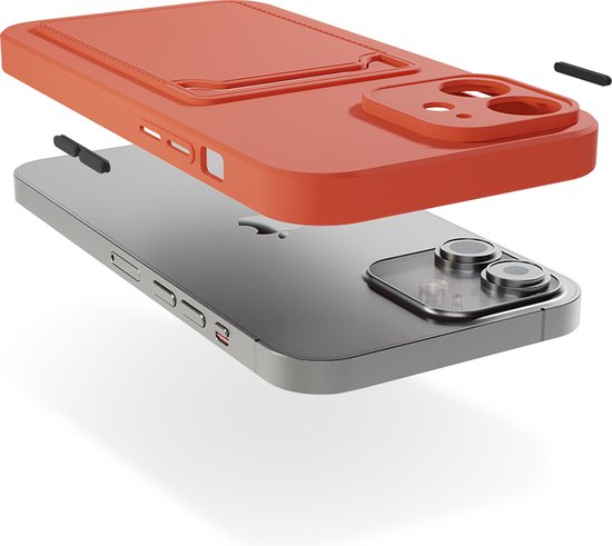Oranje iPhone hoesje met kaarthouder, los van een telefoon.