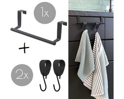 Zwarte keuken handdoekstang VALI 23cm + 2x Zwarte leren S-haak hangers - Voor 2 handdoekjes (handdoekrek keukenkast - deurhaken - handdoekhouder - handdoekstang - deurhaak keuken)