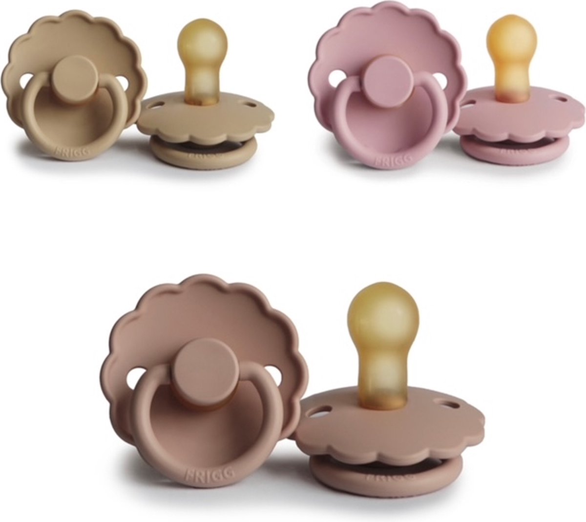 Goedkoopste FRIGG DAISY Fopspeen set 3 stuks Croissant,Baby Pink en Blush 0-6 maand