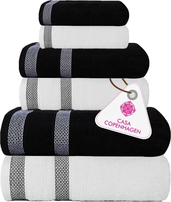 Solitaire Mix-handdoc 600 g/m² Egyptische tegels voor hotels, spa's, kamers en badkamers, 6-delige set met 2 badkamers, 2 handen, 2 washandjes – wit + zwart