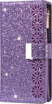 Coque iPhone 15 - Bookcase - Cordon - Porte carte - Portefeuille - Glitter - Motif fleurs - Simili cuir - Violet