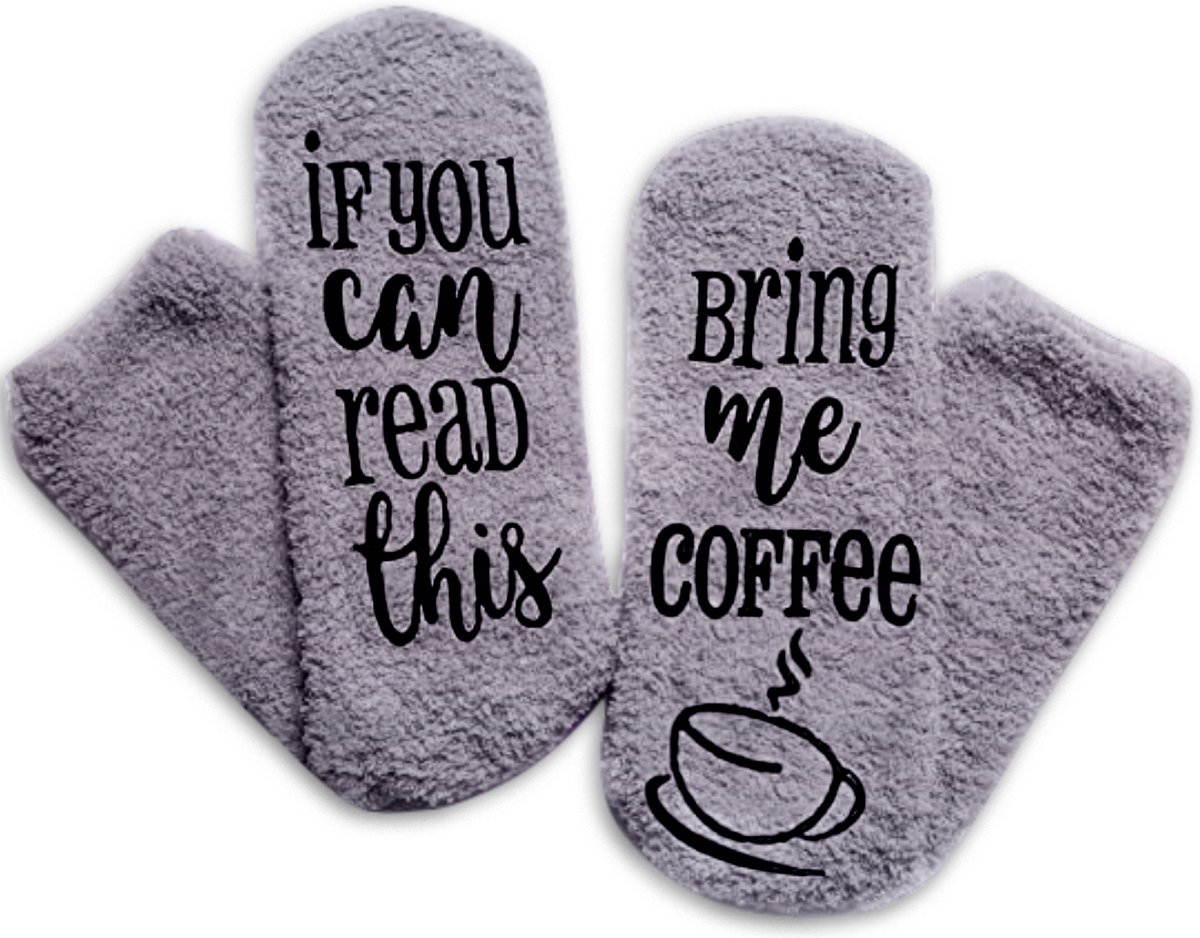 Malinsi Koffie Sokken Fluffy - Huissokken - Dames - Grijs - One size - Anti slip - Cadeau voor haar - Grappig - Housewarming - Verjaardag - Moederdag - Malinsi