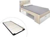 Bed met hoofdbord en lade - 90 x 190 cm - Wit en naturel + Bedbodem - LEANDRE L 218.5 cm x H 95 cm x D 99.5 cm