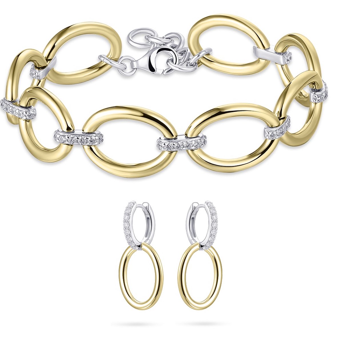 Schitterende SET : 14 Karaat Gold Plated Armband en Oorhangers Schakels met Zirkonia's | Sieradenset