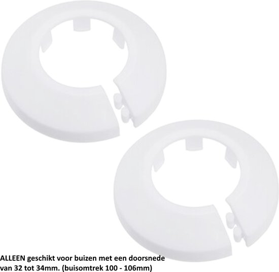 Witte verwarmingsbuis rozet voor buizen Ø 32 - 34mm - voor buisomtrek 100 - 106mm - Buisrozet - Radiatorrozet - Radiatorbuis rozet - Klemrozet - Kraanrozet - Waterleiding rozet - Set per 2 stuks