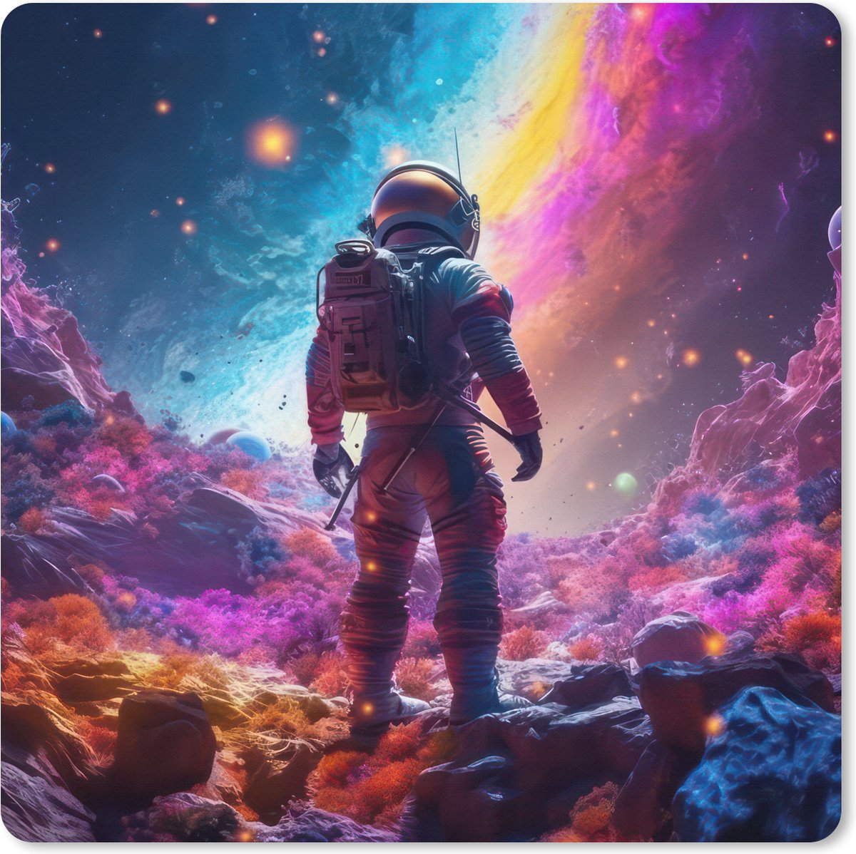 Muismat XXL 40x40 cm - Bureau onderlegger - Bureau mat Ruimte - Astronaut - Neon - Sterren - Bureaumat - Gaming mousepad xl - Bureaulegger groot - Computer deskmat - Geschikt voor Gaming Muis en Gaming PC set-up