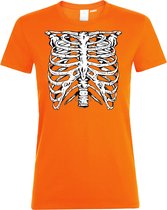 Dames T-shirt Skelet Ribbenkast | Halloween Kostuum Volwassenen | Halloween | Foute Party | Oranje dames | maat XXL