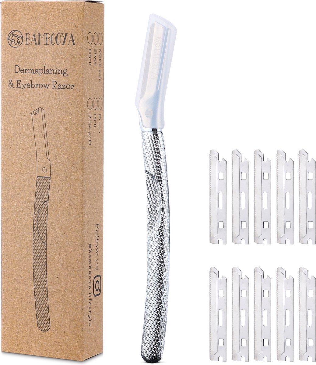 Bambooya Dermaplaning Razor voor Wenkbrauwen & Gezicht - Epileren - Veilig Mesje - Set van 10 Mesjes + Beschermkapje - Silver