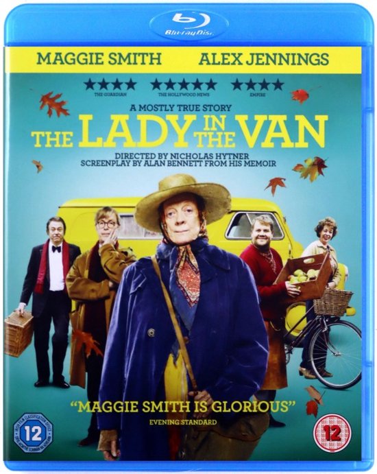 Blu-ray hoes met Maggie Smith, Alex Jennings en anderen, met een gele bestelwagen en herfstbladeren.