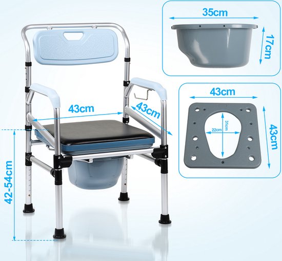Toiletstoel Hoogte verstelbaar - Toilet sta op hulp incl. beklede zitting en toiletemmer - Postoel Ergonomisch - WC stoel Draagvermogen tot 160 kg - Merkloos