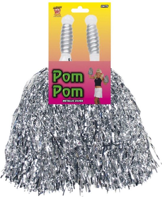 Cheerballs/pompoms - 2x - zilver - met ringgreep - 30 cm - pompons - Cheerleader verkleed accessoires