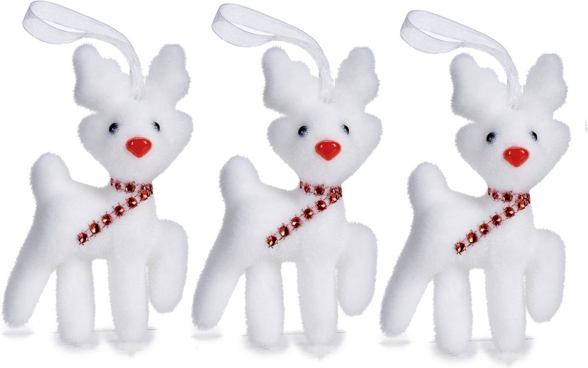 Krist+ rendier kersthangers - 3x - wit - 11 cm - kunststof - kerstornamenten - kerstversiering