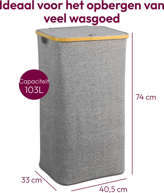 Grijze wasmand met bamboe rand en deksel. Afmetingen: 74 cm hoog, 40,5 cm breed, 33 cm diep. Capaciteit 103L.