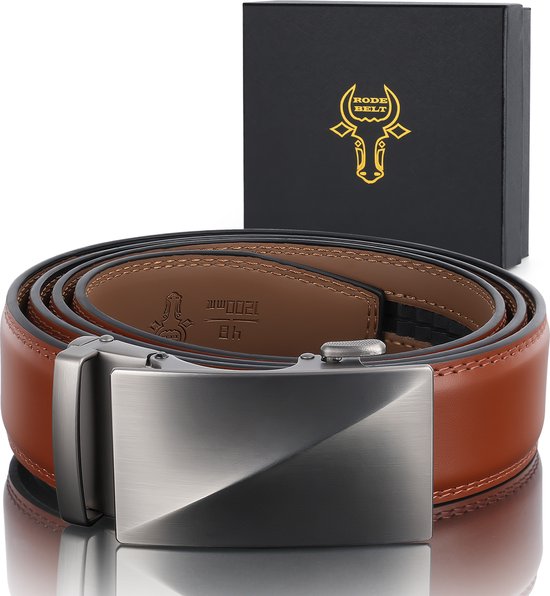 RodeBelt Lederen Heren Riemen automatische gesp - bruin - cognac Verstelbare Riem zonder Gaatjes 140cm zilver