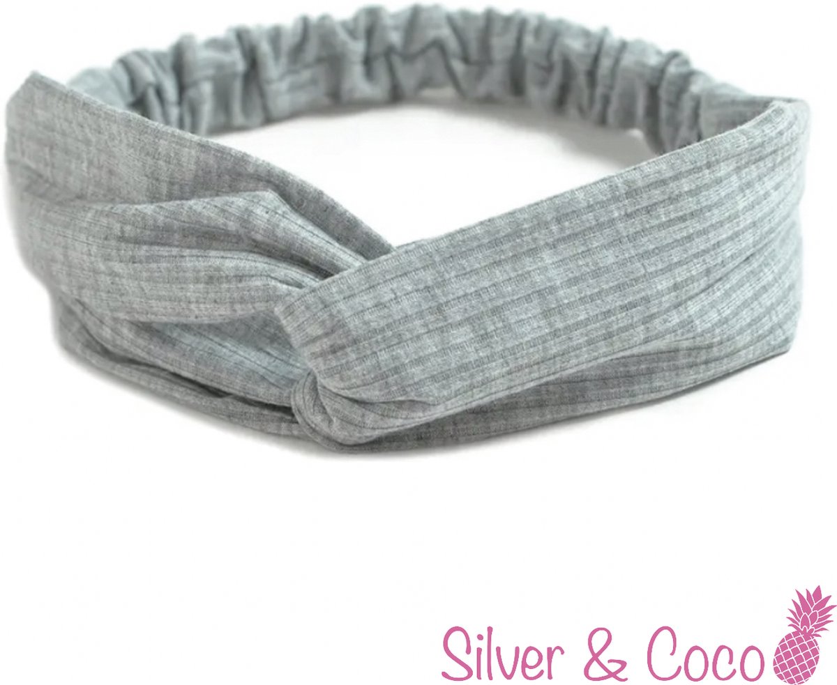 SilverAndCoco® - Haarband Festival Strik Dikke Fluffy Elastische Hoofdband Gedraaid / Geribbelde Brede Boho Vrolijke Zomer Haarbanden Dames / Elastische Meisjes Make up Knoop Bandana Breed - Grijs