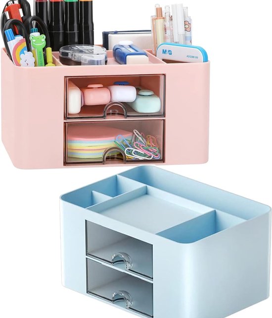 2 Organisateurs De Bureau Avec 5 Compartiments + Tiroir - Range Stylos, Papeterie - Rose & Bleu - 4
