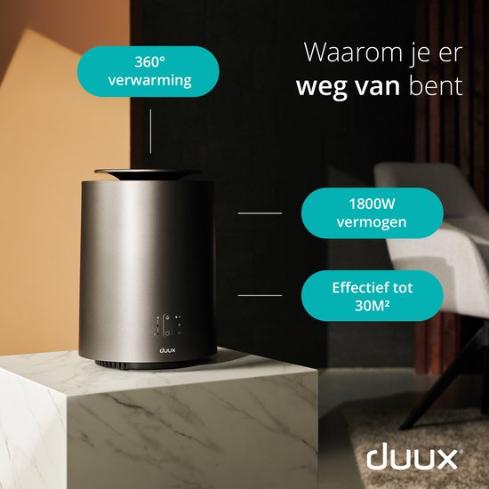 Duux Threesixty 2 Smart Elektrische Kachel - Keramische Kachel - 800/1200/1800 Watt Verwarming met Thermostaat - Grijs