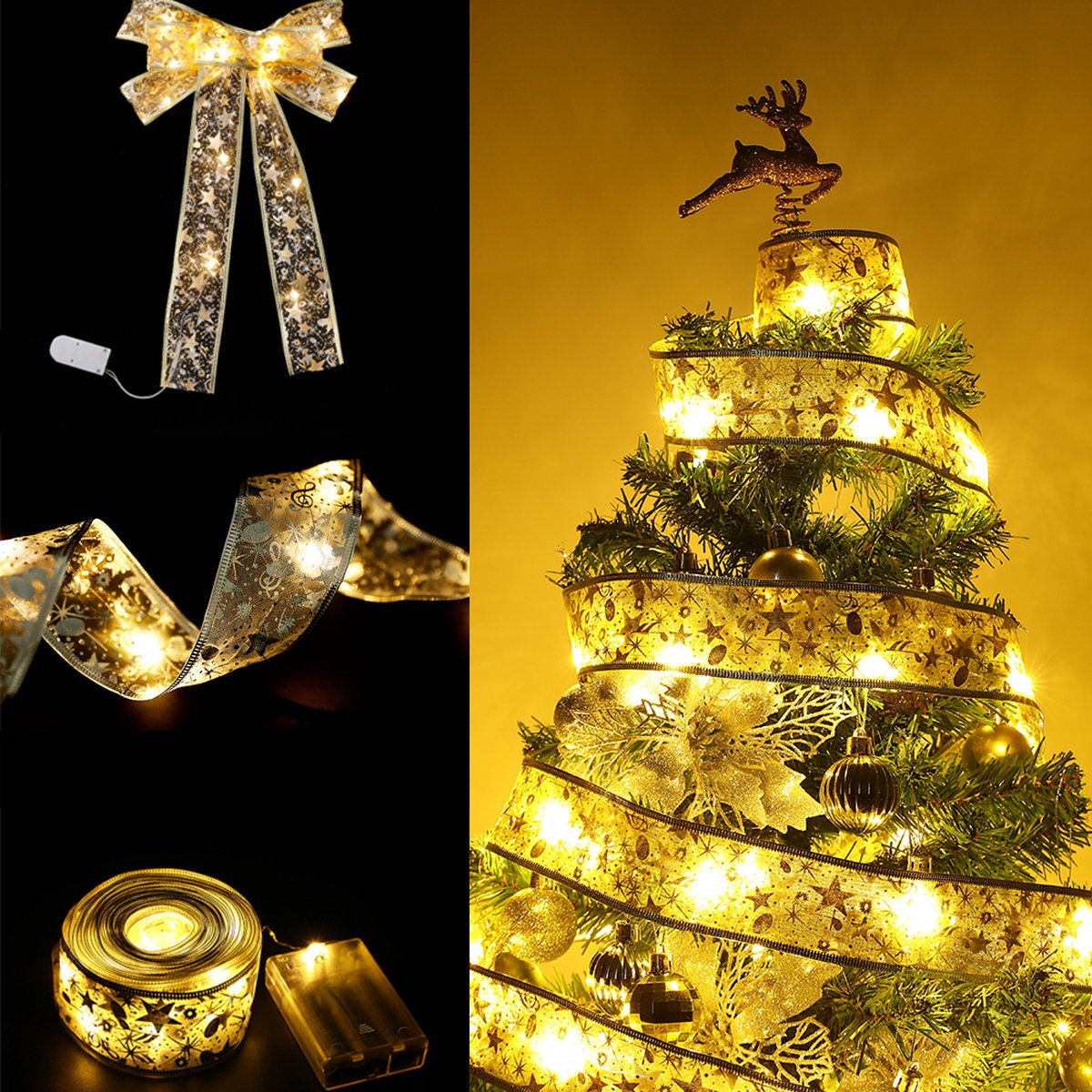 Kerst Lint Slinger - Goud - 2 meter - met LED verlichting - 3.8 cm breed - 20 Led Lampjes - Christmas Ribbon - Decoratielint - Kerstverlichting - Inclusief Batterijen