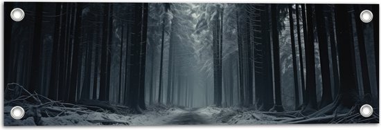 Tuinposter – Sneeuw - Bos - Bomen - Boomstammen - Bruin - Wit - 60x20 cm Foto op Tuinposter (wanddecoratie voor buiten en binnen)