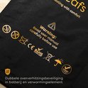 Zwarte stof met waarschuwingstekst en pictogrammen voor Pleafs kussen. Dubbele oververhittingsbeveiliging.