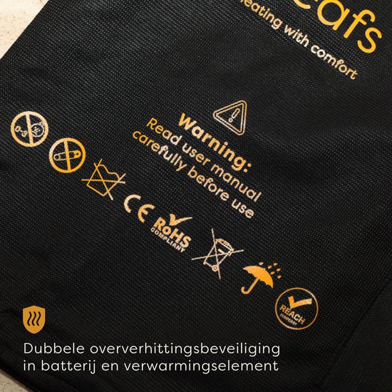 Zwarte stof met waarschuwingstekst en pictogrammen voor Pleafs kussen. Dubbele oververhittingsbeveiliging.