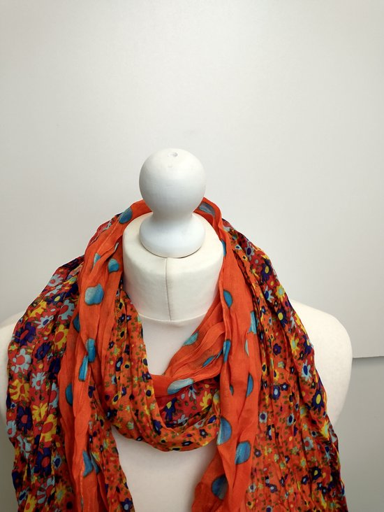 Lange dames sjaal Kalila gebloemd motief oranje blauw geel donkerblauw groen rood turquoise