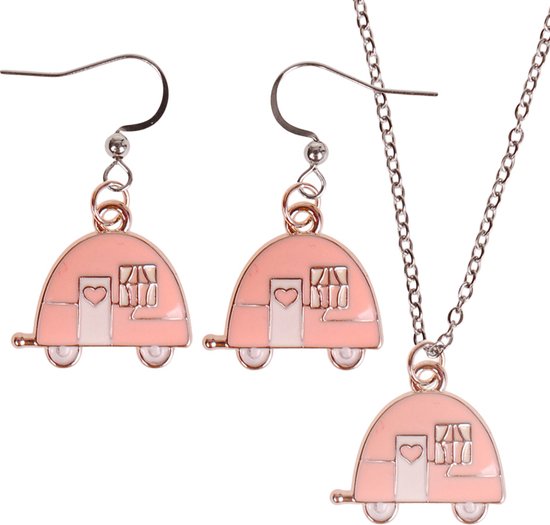 Set - Collier 55cm - Boucles d'oreilles argentées - Pendentif Caravane émail rose argenté 2cm
